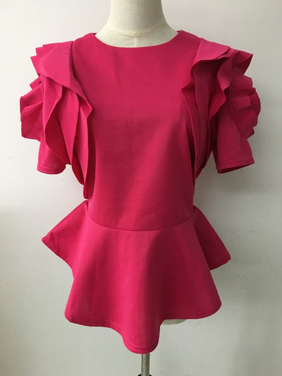 TJ06 Fashion Summer O-Neck Ruffles Sleeve  Tops