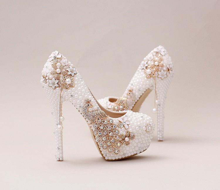 BS152 White Pearl Peacock wedding shoes - Nirvanafourteen