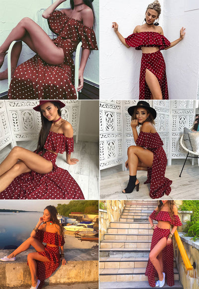 MX01 Vintage Off Shoulder Red Dot  Maxi Dresses