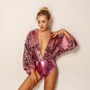 JR05 Sexy Deep V neck Sequins Bodysuits (Pink/Silver)