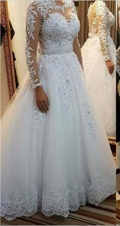 CW105 Elegant long lace appliques Bridal dress with peals belt
