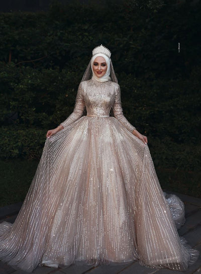 HW41 Hight grade Sparkle Muslim long sleeve sequins Wedding Gown