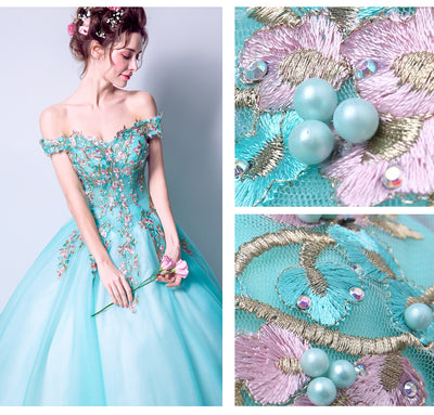 CG73 Turquoise Blue Embroidery Flower Debutante Dress