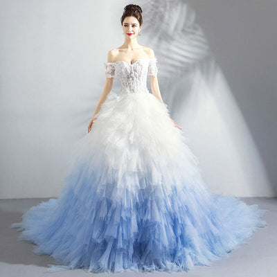 CG93 Gradient color Ruffles Evening Gown with Chapel Train