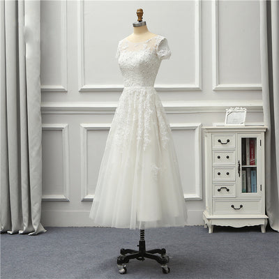 SS50 Simple Short Sleeve Lace Tea Length Beach Wedding Dress