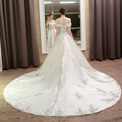 HW24 Off the shoulder Satin Wedding Gown with long tail