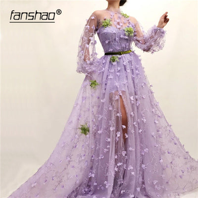 PP382 Mesh Lantern sleeve A-line evening dresses ( Custom Colors )