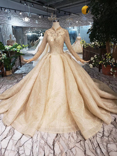 HW46 Luxurious Gold shiny muslim wedding dresses