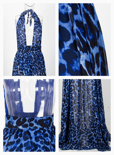 MX235 Sexy Blue Leopard Open Back Chiffon Beach Dress