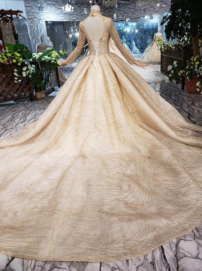 HW46 Luxurious Gold shiny muslim wedding dresses