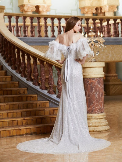 LG397 Real Pictures Boat neck White sequined Pageant Gowns