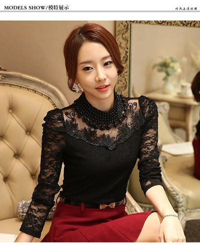 TJ05 Elegant Korean high neck Crochet Long Sleeve Blouse(3 Colors)
