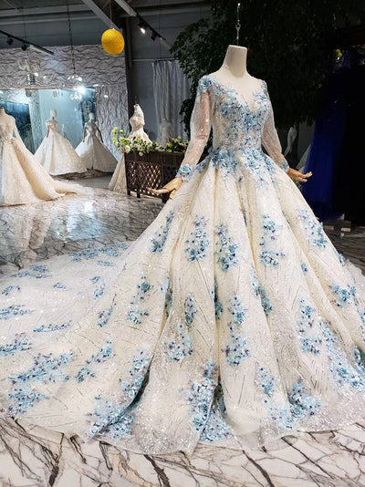 CG143 Real Photo long sleeve 3d flower beaded Ball gowns (2 Colors)