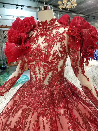CG152 Real Photo Luxury Red Quinceanera dress with detachable shoulder