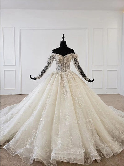 HW138 Long sleeves off shoulder lace Bridal Gown