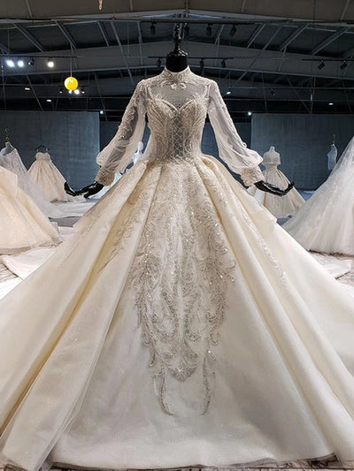 HW132 Luxurious high neck lantern sleeves sequin beading Wedding Gown