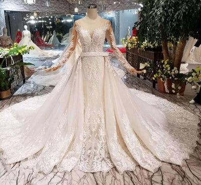 HW66 Handmade long sleeve mermaid wedding dress with detachable train