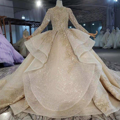 HW375 Real pictures Luxurious Champagne Muslim Wedding Gown