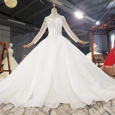 HW358 Real Pictures Simple White High Neck Pearls Wedding Dress