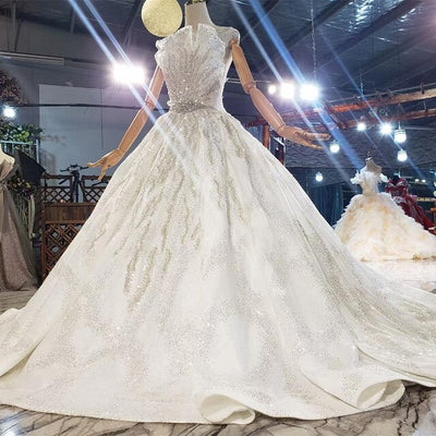 HW284 Real Photo O-Neck Crystal Sequined Beading Wedding Dress