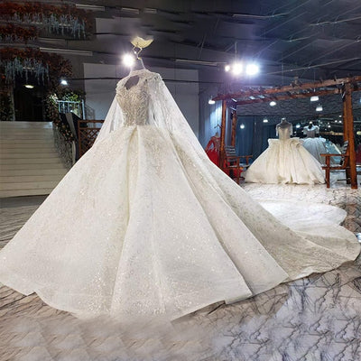 HW320 Real Pictures Luxury beaded sequined Wedding Dress with long shawl