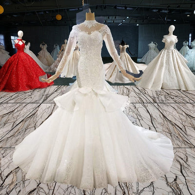 HW371 Real pictures high neck Sequined Mermaid Wedding Gown