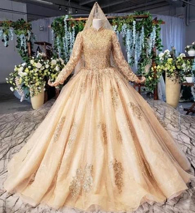 CG154 Real Photo Muslim Gold wedding dresses+maching Veil