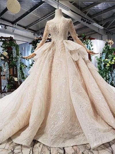 HW51 Luxury handmade champagne long sleeve wedding gown with long train