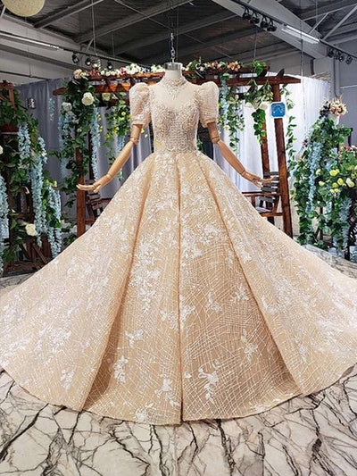 high-end high neck puff short sleeve bridal Gown