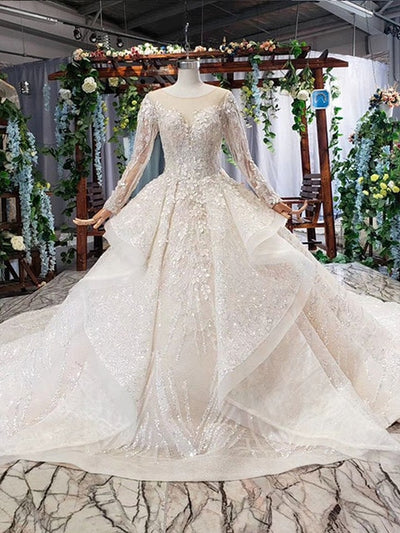 HW89 Glamorous long sleeves sequined lace up Bridal Gown