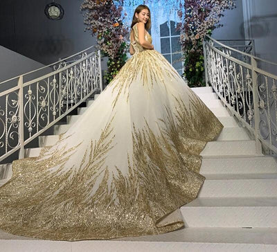 CG97 Handmade gold rhinestones beaded Wedding Dress