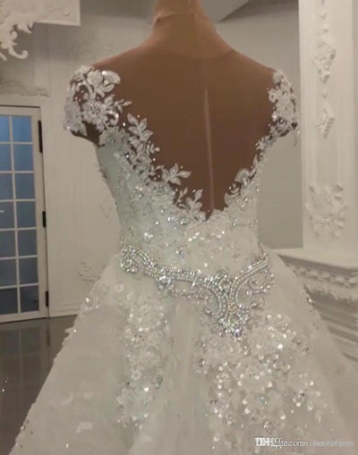 HW125 Shiny Jewel Sheer Neck Wedding Gown with overskirt