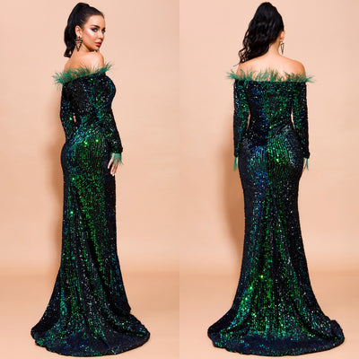 PP369 Off Shoulder Feather Sequin Evening Dresses (4 Colors )