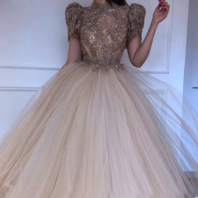 LG423 Gold Short Sleeves beaded Evening Dress
