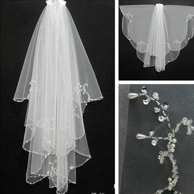 BV36 Handmade Beading 2 layers Bridal Veils