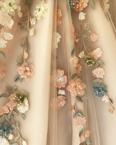 PP392 Appliques flowers Side Split Prom dress