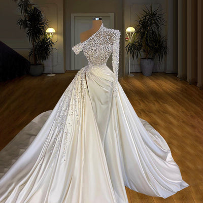 HW336 Handmade Pearls satin Mermaid Wedding Gown with overskirt
