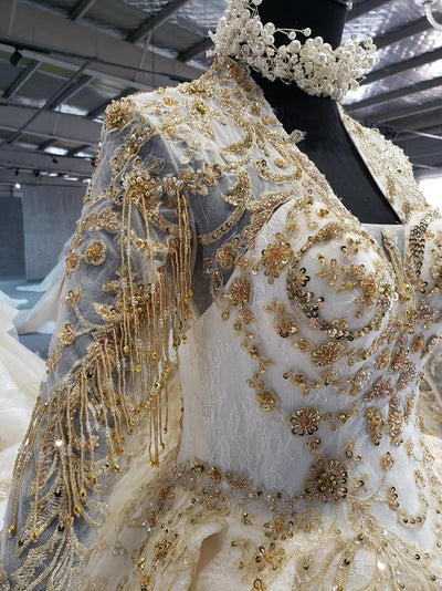 HW101 Luxury long sleeve gold rhingestone beaded wedding dress