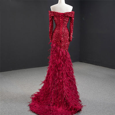 LG422 Red Off Shoulder Sequins Feathers Pageant Gown