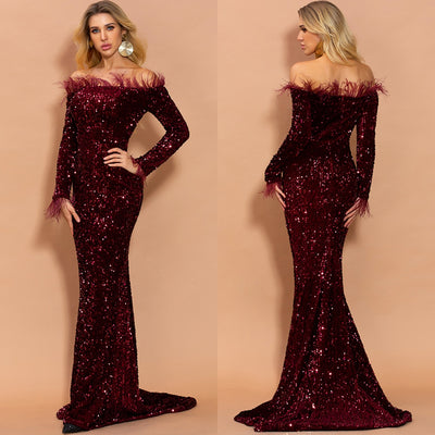 PP369 Off Shoulder Feather Sequin Evening Dresses (4 Colors )