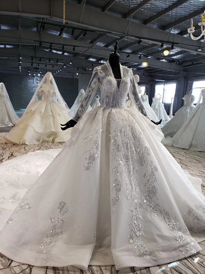 HW100 Real Photo Long sleeve sequined white wedding gown