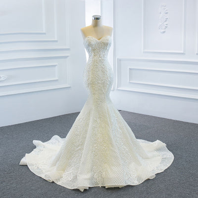 HW355: 2pcs Pearls Lace Mermaid Wedding Dress With Detachable Chapel Train