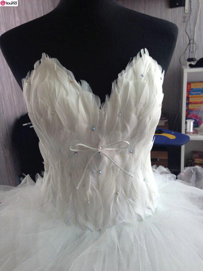 SS97 Sexy strapless feather high low wedding dress
