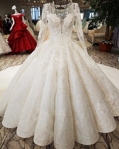 HW81 Luxury long sleeves lace up wedding dress with long tail