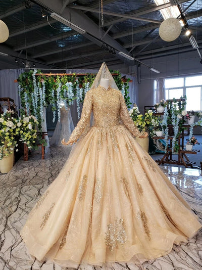 CG154 Real Photo Muslim Gold wedding dresses+maching Veil