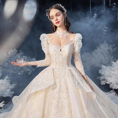 HW339 Gorgeous Shiny 3/4 Sleeve Wedding Gowns