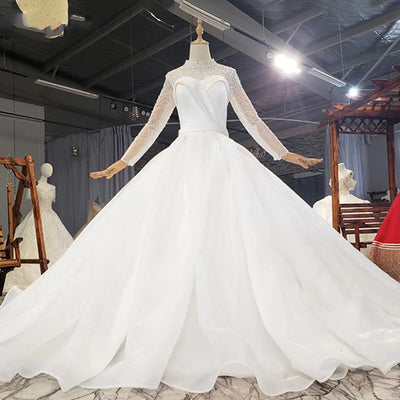 HW358 Real Pictures Simple White High Neck Pearls Wedding Dress