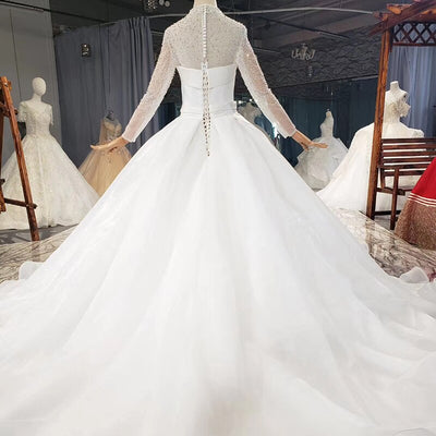 HW358 Real Pictures Simple White High Neck Pearls Wedding Dress