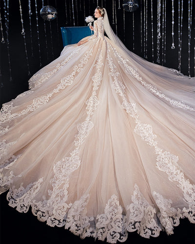 HW340 Shiny High Neck 3/4 Sleeve Bridal Gown