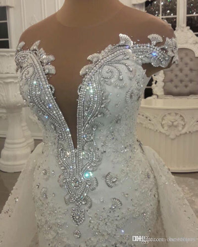 HW125 Shiny Jewel Sheer Neck Wedding Gown with overskirt